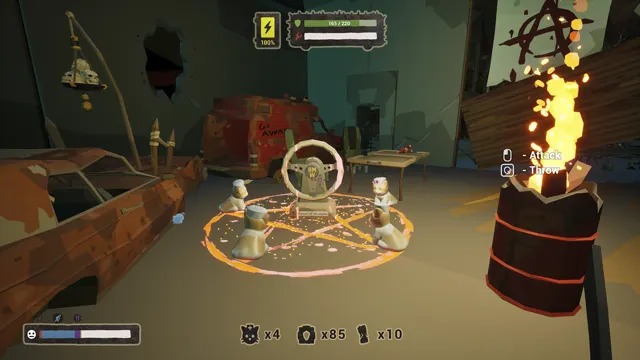 A Hell-Kitty summoning circle burning on the floor of a wrecked shelter, teammates kneeling around it